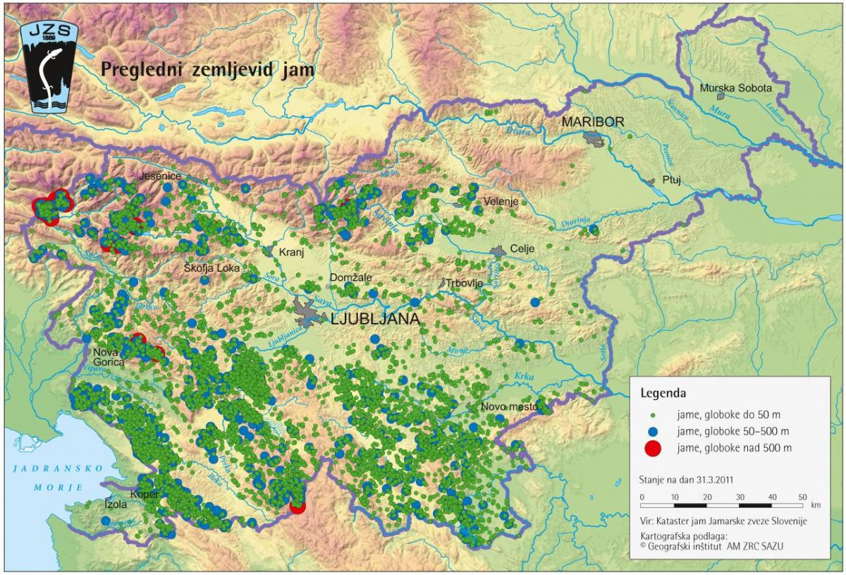 Map of caves in Slovenia